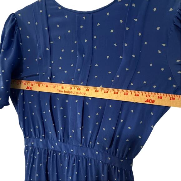 sezane Vintage 6 Mini Hearts SILK Secretary Dress Pleated Librarian Blue White - Picture 8 of 9